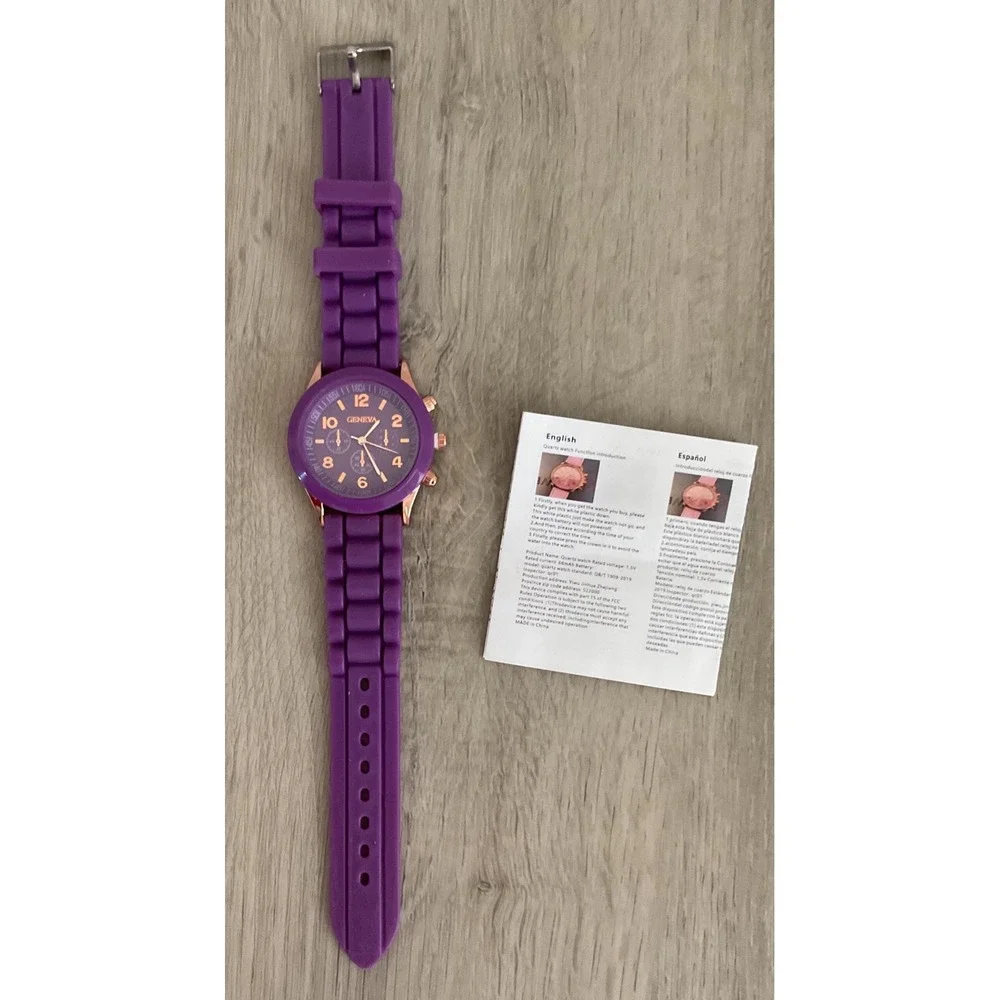 Geneva Quartz Watch Purple Silicone‎ Band Rose Gold Case Analog Dial Sporty